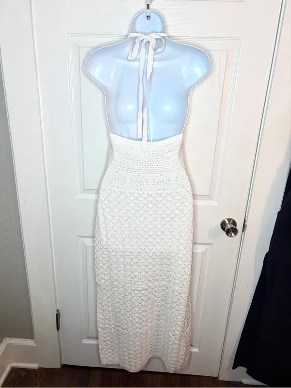 Frye Textured Knit Bright White Crochet Halter Midi Dress Sweater Dress M NWT - Image 6