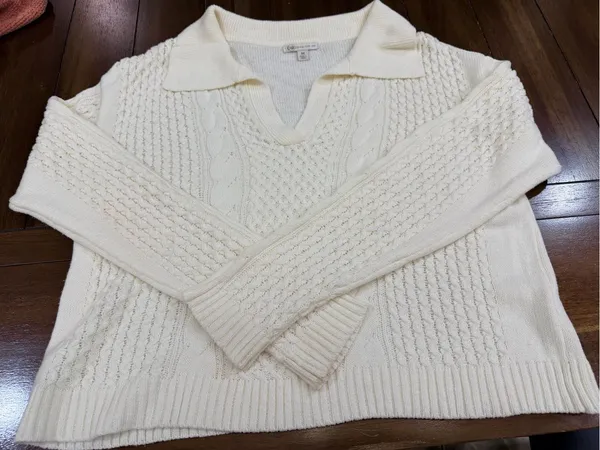 CATO Fashions Cream Cable Knit Polo Sweater Top Womens Medium Open V-Neck NWOT - Image 7