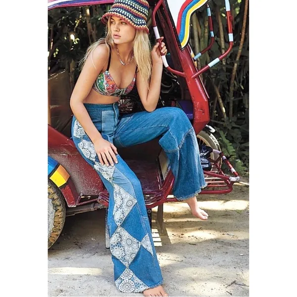 Free People In‎ My Element Patched Flare Jeans Blue Lace Crochet 25 - Image 4