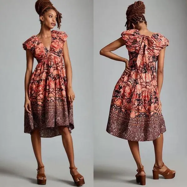 Anthropologie Printed Tie V-Neck Babydoll Dress Womens‎ Size 2 Rust Floral - Image 2