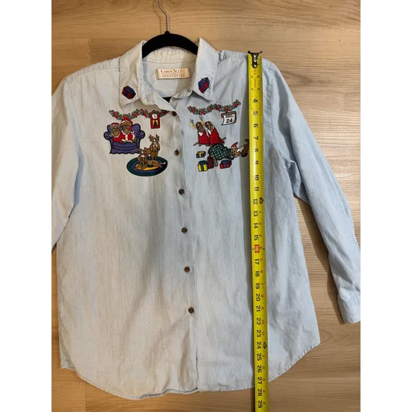 Karen Scott Button Down Shirt Blue M Women Christmas Dogs Embroidered Chambray - Image 10
