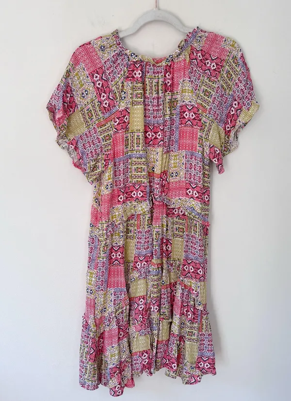 Anthropologie Robin Tiered Ruffle V-Neck Mini Dress Colorful Patchwork Print - Image 6