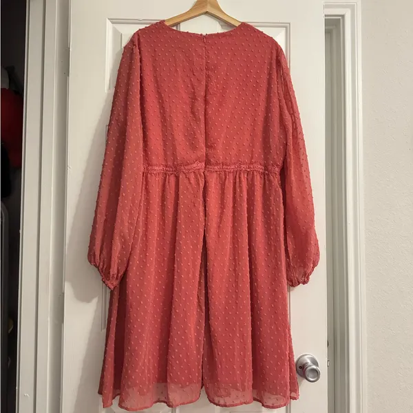 Dark pink long sleeve chiffon textured lace detail midi dress flirty Valentine - Image 2