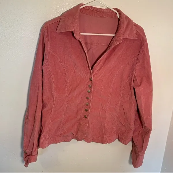 Women's Corduroy Shirt Jacket Snap Up V-Neck Pink Long Sleeve Unlined - Image 2