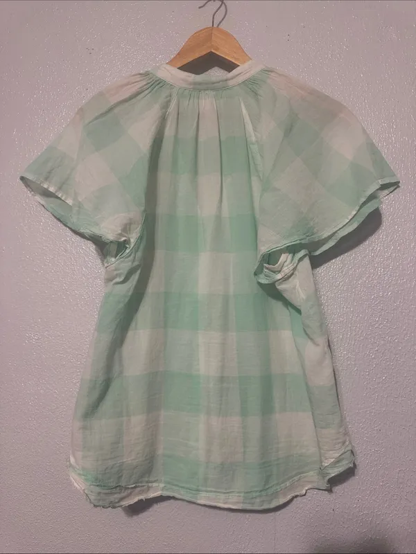 Anthropologie Maeve Gingham Flutter Top Mint Green White Size S - Image 4
