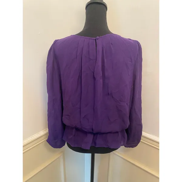 Joie Silk Long Sleeve Blouse Peasant Top Purple Scoop Neck Smocked Elastic Waist - Image 5