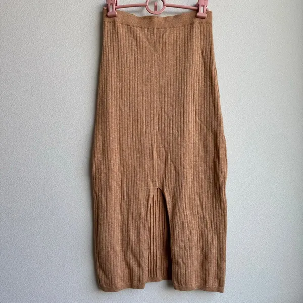Free People Skyline Midi Maxi Straight Skirt Small Tan Brown Side Slit Stretch - Image 2