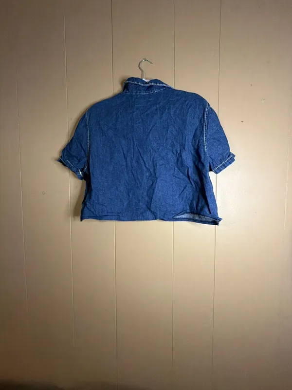 Zara Women's Short Sleeve Cropped Denim Polo Shirt - Image 3