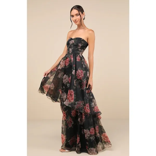 Lulus Truly Extraordinary Dress Women's Small Black Floral Organza Strapless NWT - Image 3