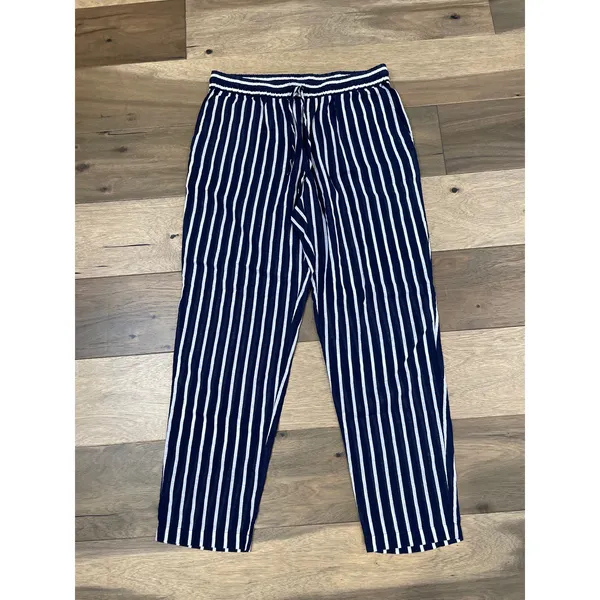 J.Crew Navy & White Striped Wide‑Leg Cotton Pants with Drawstring Waist Size M - Image 2