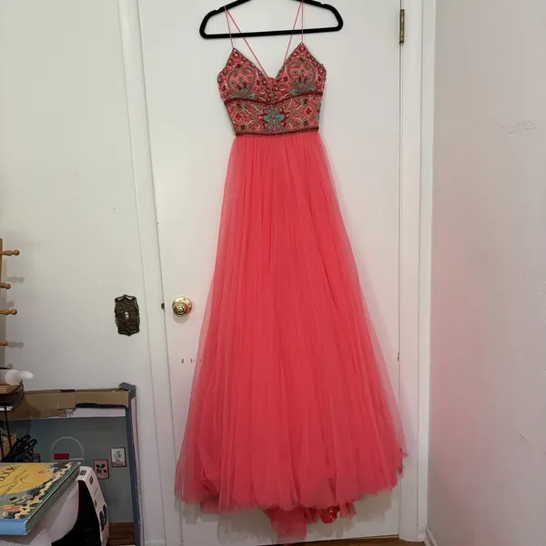 Sherri Hill 50474 A Line Maxi Formal Dress Red Pink Tulle 2 Beaded Homecoming - Image 4