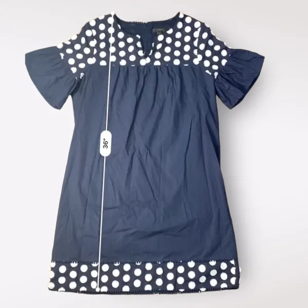 J.Crew Navy Blue White Bell Short Sleeve Fringe‎ Polka Dot Shift Dress Size 8 - Image 3
