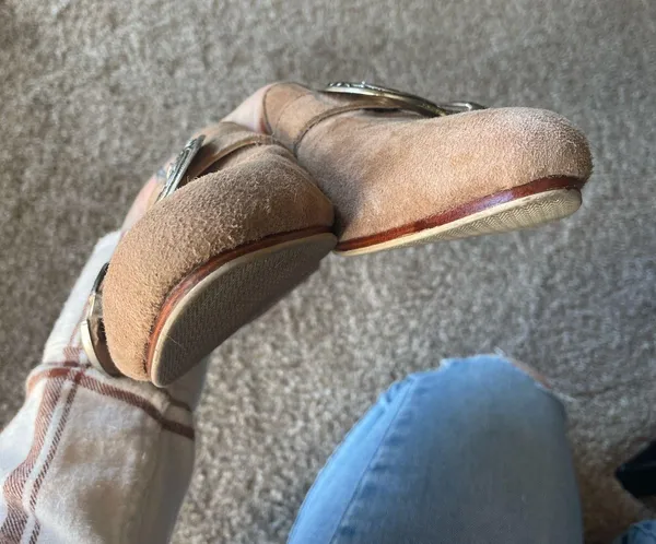 Free People Beige Champagne Suede Western Silver Buckle Slides - Image 2