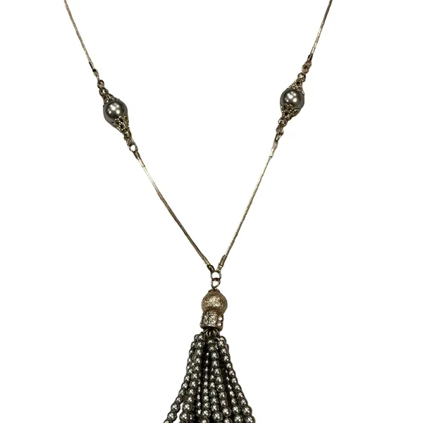 Silver-Tone Tassel Necklace with Faux Pearl Station Beads and Rhinestone Accents - Image 3