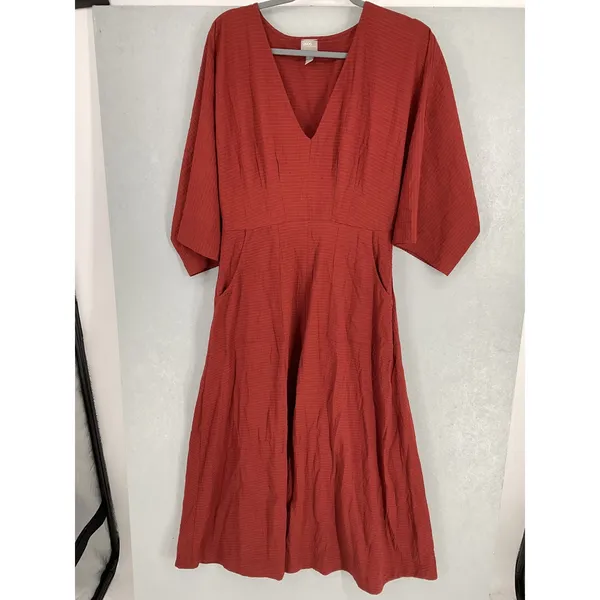 ASOS Women Midi Dress Rust Orange Textured V-Neck Pockets Back Tie Size 8 - Image 2