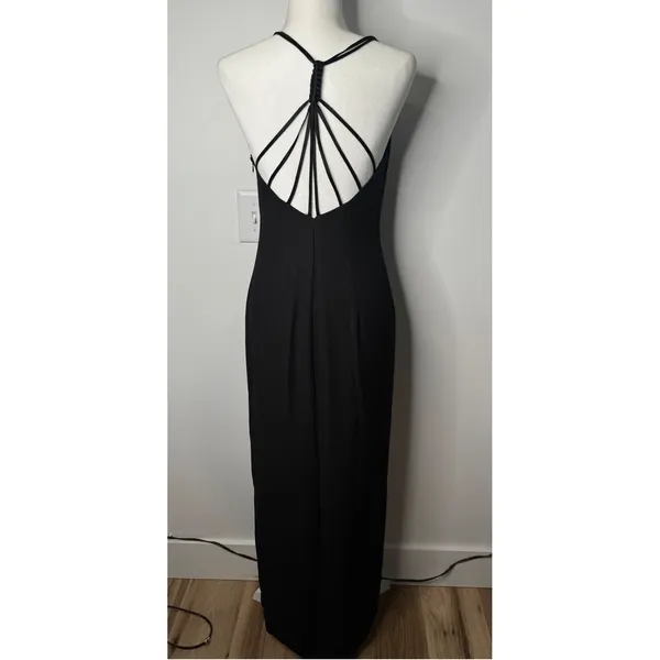 Vintage Black Multi Strap Open Back V-Neck‎ Maxi Formal Evening Gown Slit Dress - Image 2