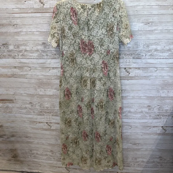 Vtg 90s Helene Blake Womens 12 Dress Sage Green Floral Lace Cottagecore Made USA - Image 6