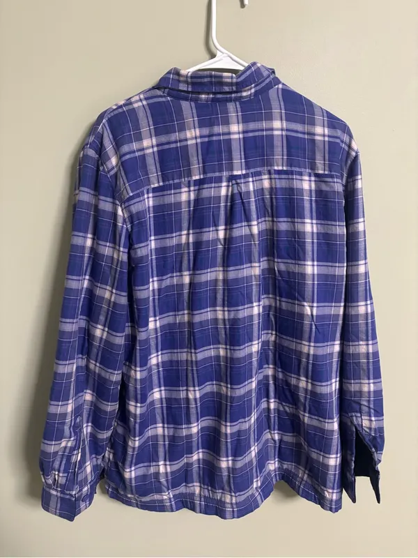 L.L. Bean Women’s Fleece Lined Flannel Shirt Size XL Purple Plaid Button Shacket - Image 2
