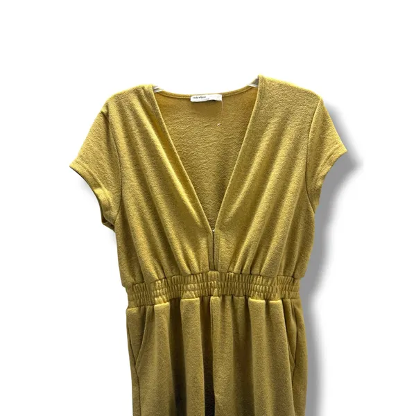 Vada Winter‎ x Maverick Jumpsuit L Mustard Yellow Knit Smocked V Neck Pockets - Image 3