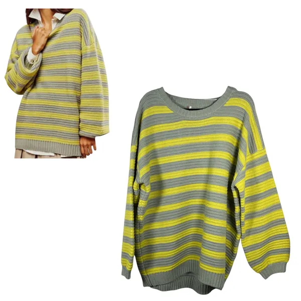 Free People Links Oversized Chunky Knit Sweater Grey Yellow Stripe Size Medium - Image 2