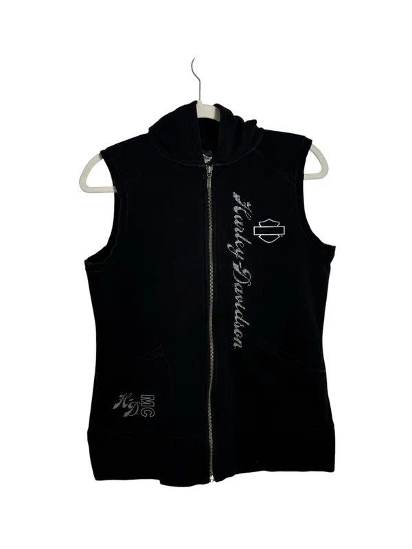 Harley Davidson Hooded Sweatshirt Vest Zip Up Rhinestone Y2K Black Medium - Image 10