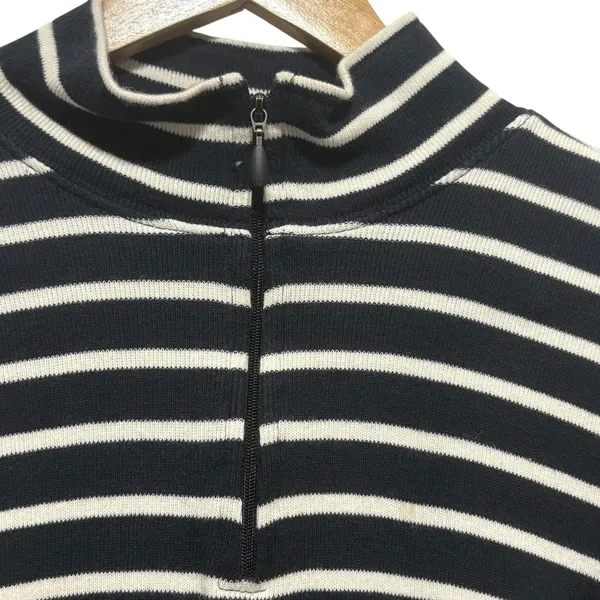 LL Bean Women Top M Navy‎ White Striped Mock Neck Cotton Shirt Preppy Coastal - Image 3