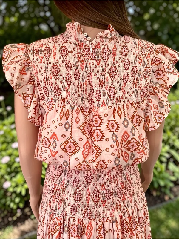 AQUA Boho Smocked Cotton Maxi Dress XL Pink Geometric Flutter Sleeve - Image 3