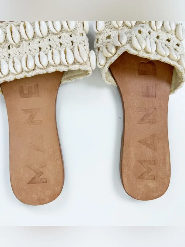 MANEBI Yucatan Raffia Sandals Crochet Shell Leather Slide Tan Size 10 - Image 3