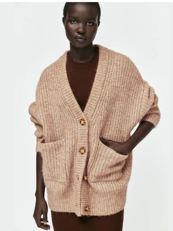 ZARA Patch Pocket Knit Oversized Cardigan Jacket Sweater Outerwear Tan Brown - Image 5