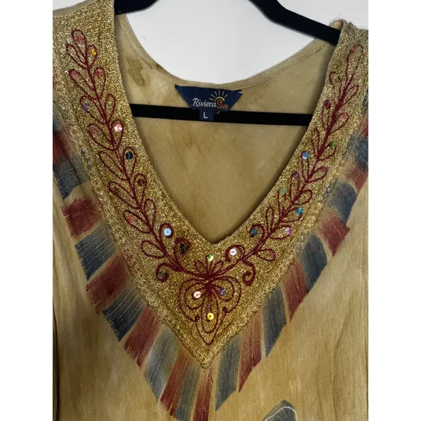 Riviera Sun Tropical Boho Embroidered Sequin Handkerchief Hem Dress L - Image 5
