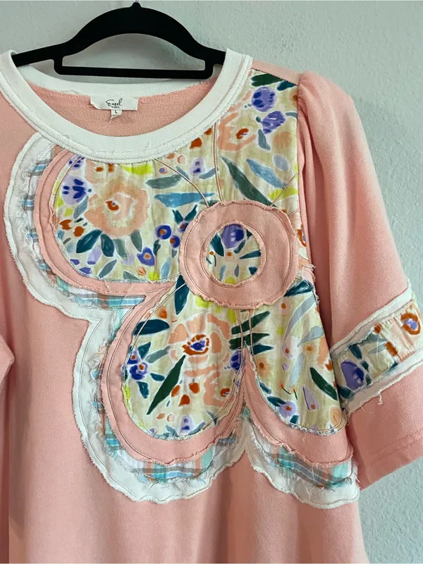 Easel Flower Patch Puff Sleeves Soft Washed Terry Knit Top Size Large - Image 5