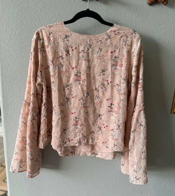 Living My Best Style Pink Lily Eyelet Floral Bell Sleeve Brunch Blouse - Image 3