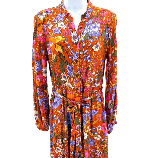 By Anthropologie Vale Maxi Shirtdress Belt Floral Rust Brown Orange Boho Kimono‎ - Image 5