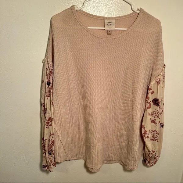 Knox Rose Womens Sz Medium Thermal Top Long Sleeve Light Pink Contrasting Floral - Image 3