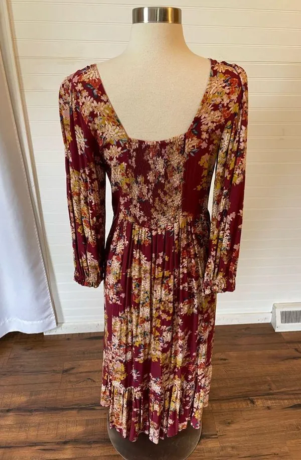 Skies Are Blue Floral Burgundy Print Midi Length Dress - Image 7