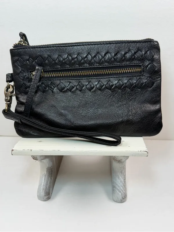 Day & Mood Sting Clutch Wristlet Black Leather Woven Zip Pouch Bag - Image 11
