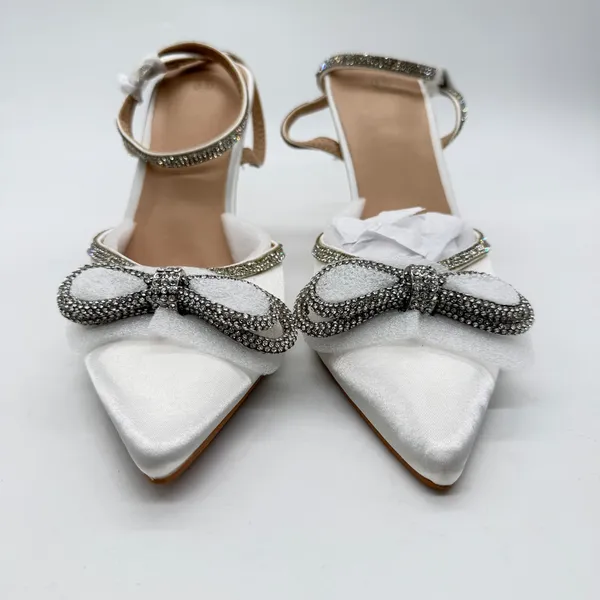 ZAPATOCK White Satin Rhinestone Bow Pointed Toe Stiletto Pumps Wedding Heels 6.5 - Image 5