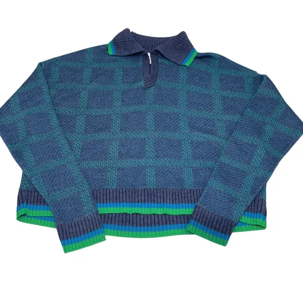 Nordstrom‎ BP Relaxed Polo Blue Teal Green Plaid Pullover Sweater XL Acrylic - Image 2