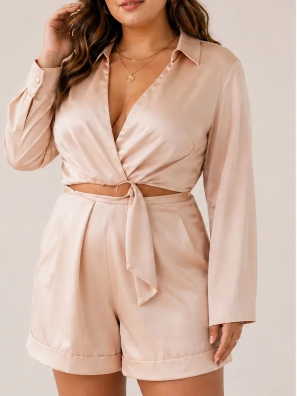 Hello Molly Girls On Top Satin Playsuit Tan Romper Glam Tie Waist - Image 11