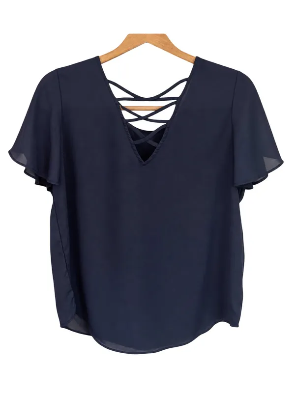 Pink Rose Navy Blue Flutter Sleeve Crisscross Back Sheer Blouse Top Size Medium - Image 2