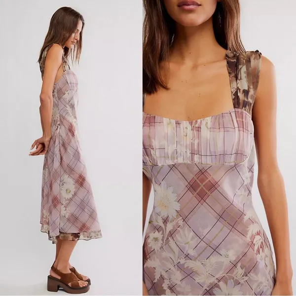 Free People Femme Grunge 90s Y2K Morning Dew Plaid Floral Midi Slip Dress Medium - Image 4