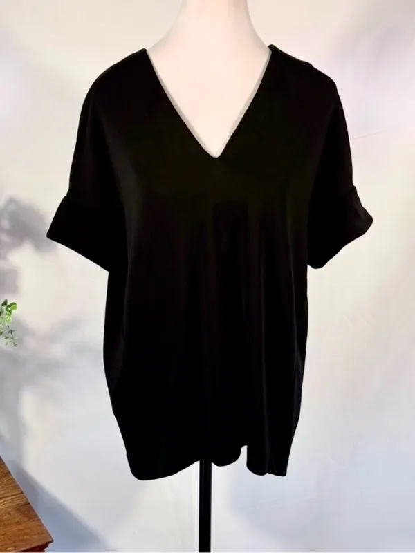 💥COS Black V-Neck Relaxed Oversized Stretch Top Turnback Cuff Sz XS 💛 - Image 3