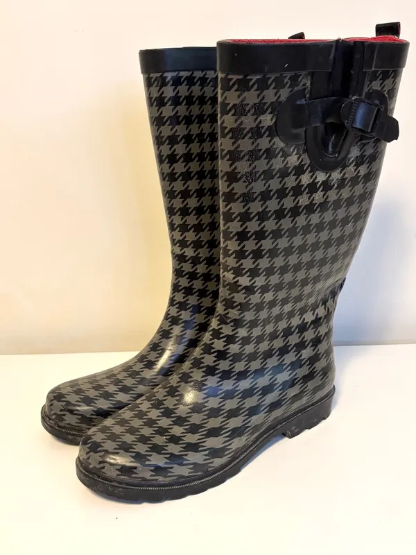 Capelli New York Rubber Wellies Rain Boots Black Grey Houndstooth Womens Size 8 - Image 2