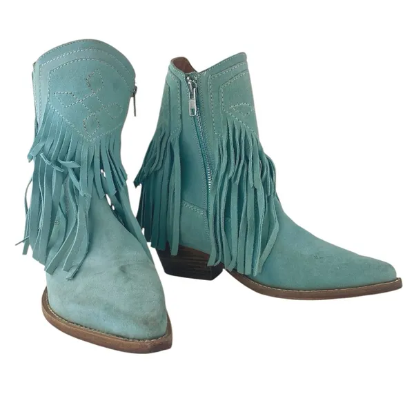 Free People Lawless Fringe Blue Suede Pointed Toe Zip Western Boots Booties Sz 6 - Image 5