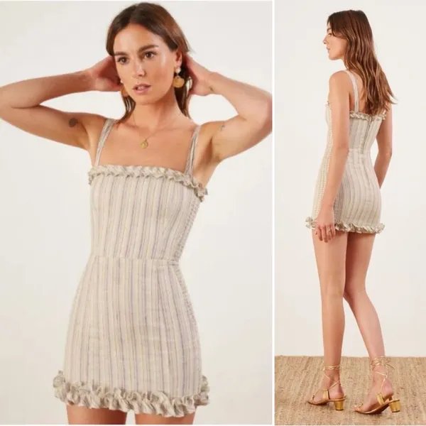 REFORMATION Jojoba Striped Ruffle Linen Mini Dress - Image 3