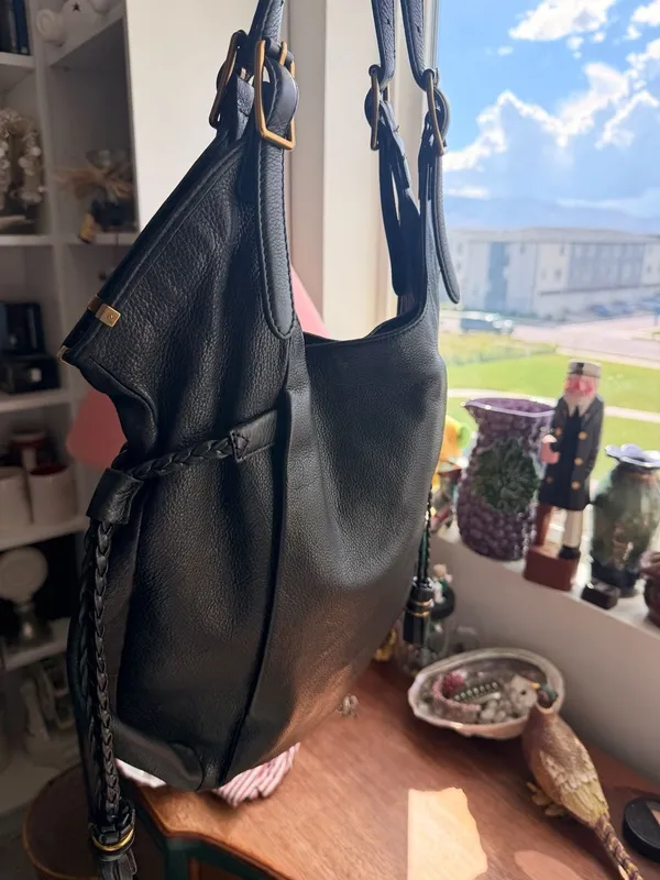 Black Leather Large Boho Hobo Shoulder Bag With Braided Tassels Gold Hardware - Image 7