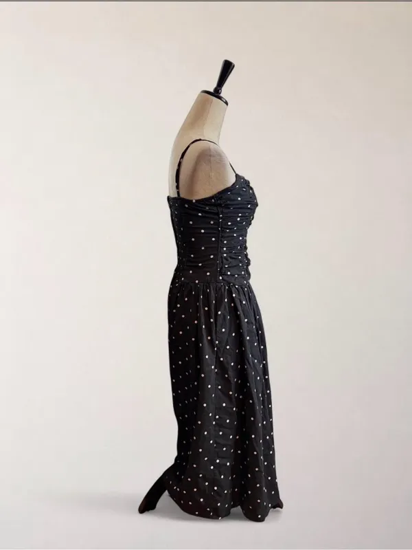 Trixxi Los Angeles Black White Polka Dot Ruched Drop Waist Midi Dress S - Image 4
