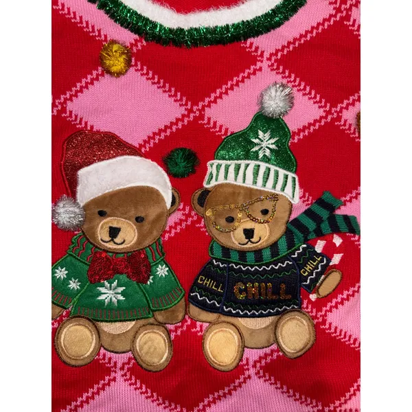 Holiday Time Womens Red Pink Argyle Teddy Bear Ugly Christmas Sweater Lg 12-14‎ - Image 3