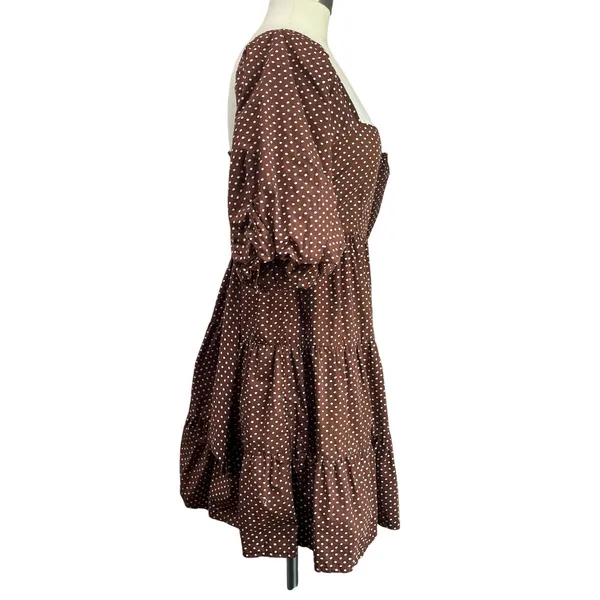 Faithfull the Brand Eryn‎ Mini Dress Brown & White Polka Dot Puff Sleeve Sz 4 - Image 3