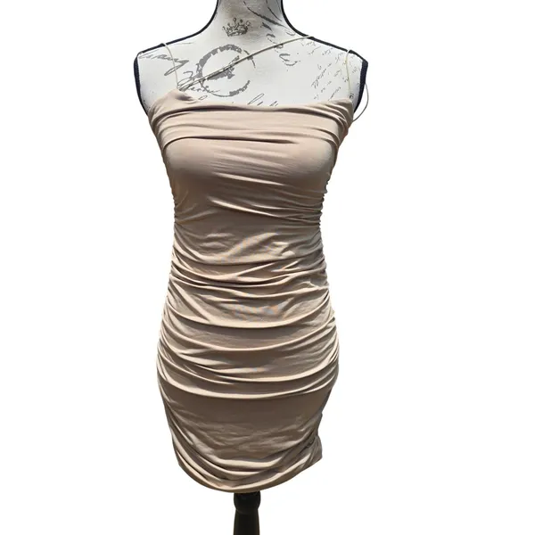 Oh Polly Beige Ruched Halter Neck Bodycon Mini Dress US 8‎ Party Clubwear - Image 2